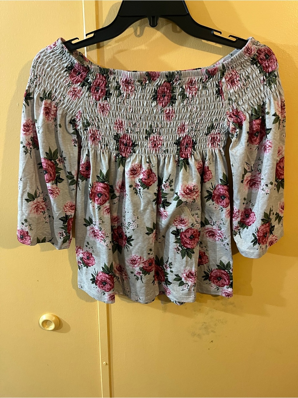 Self Esteem Off-Shoulder Smocked Tunic Top - Gray with Pink Rose Print